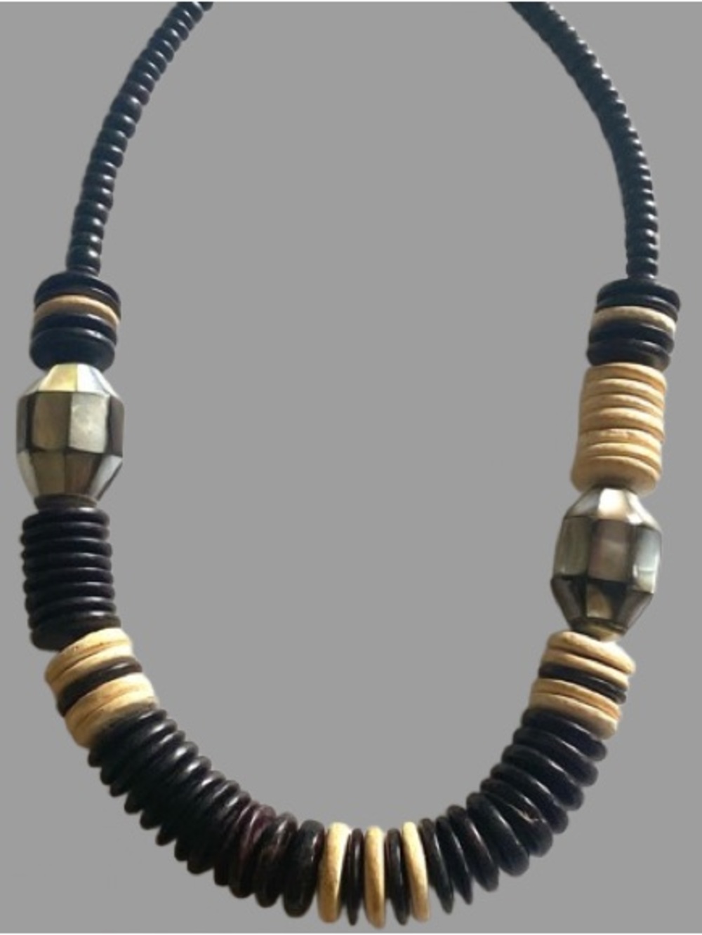 Vintage Chunky Necklace Dark & Light Wood Disk Mother-of-pearl Shell Beads 20”
